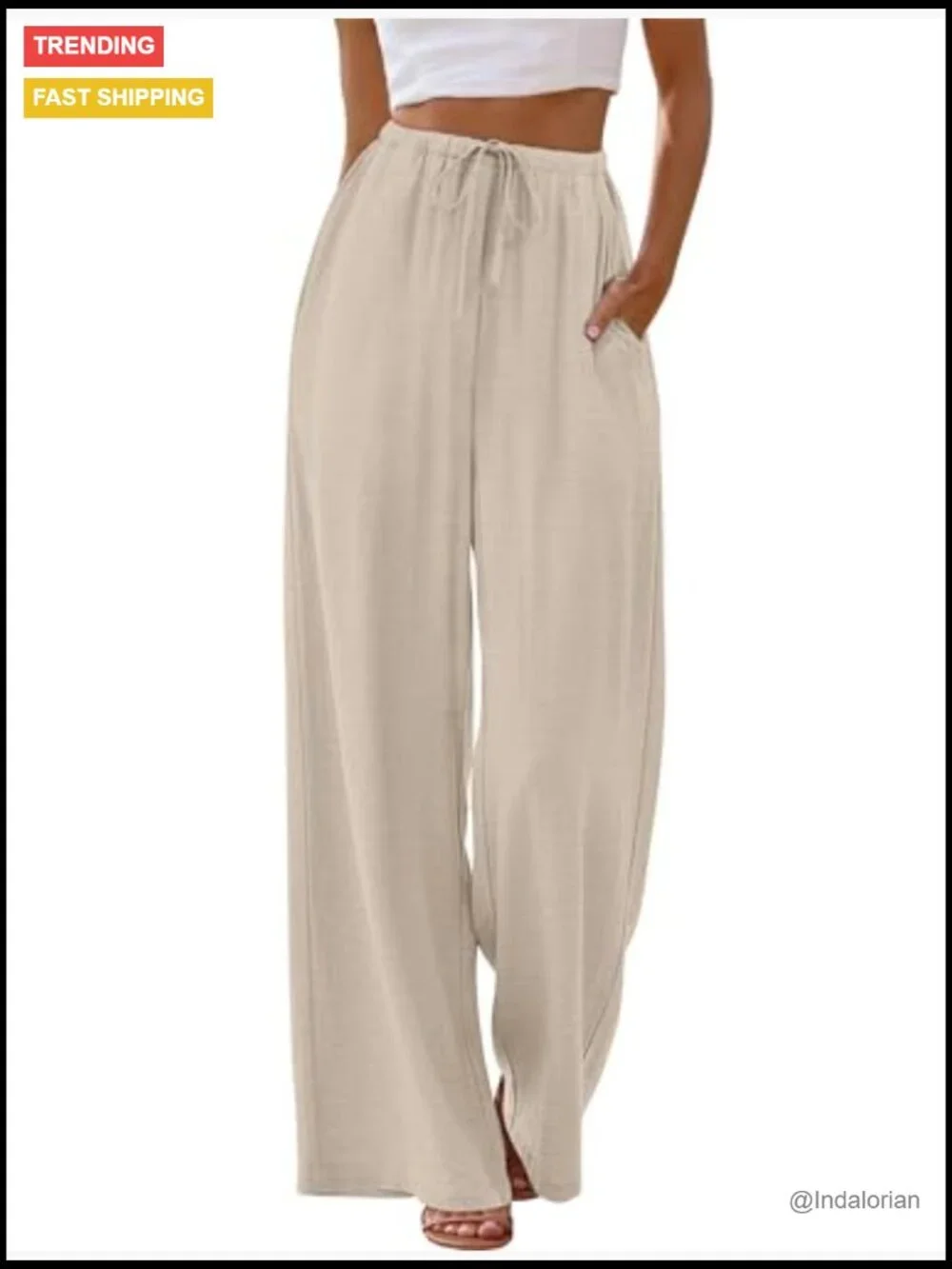Wide Leg Palazzo Pants Drawstring Elastic Waist Trousers with Pockets Flowy